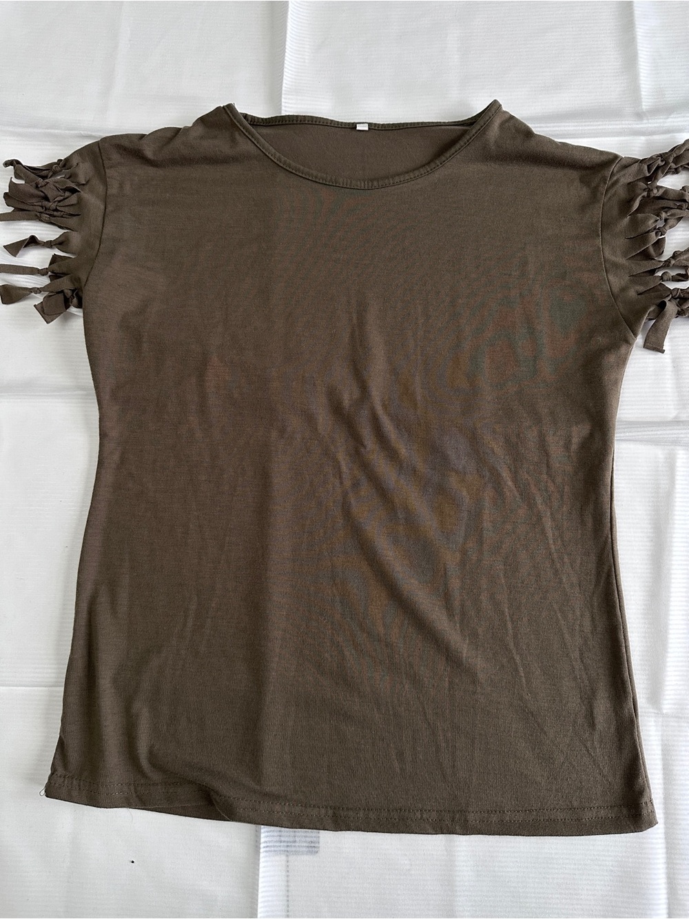 Y2K Boho Grunge Olive Brown Knotted Fringe Sleeve Tee Top/earthy girl, fairycore